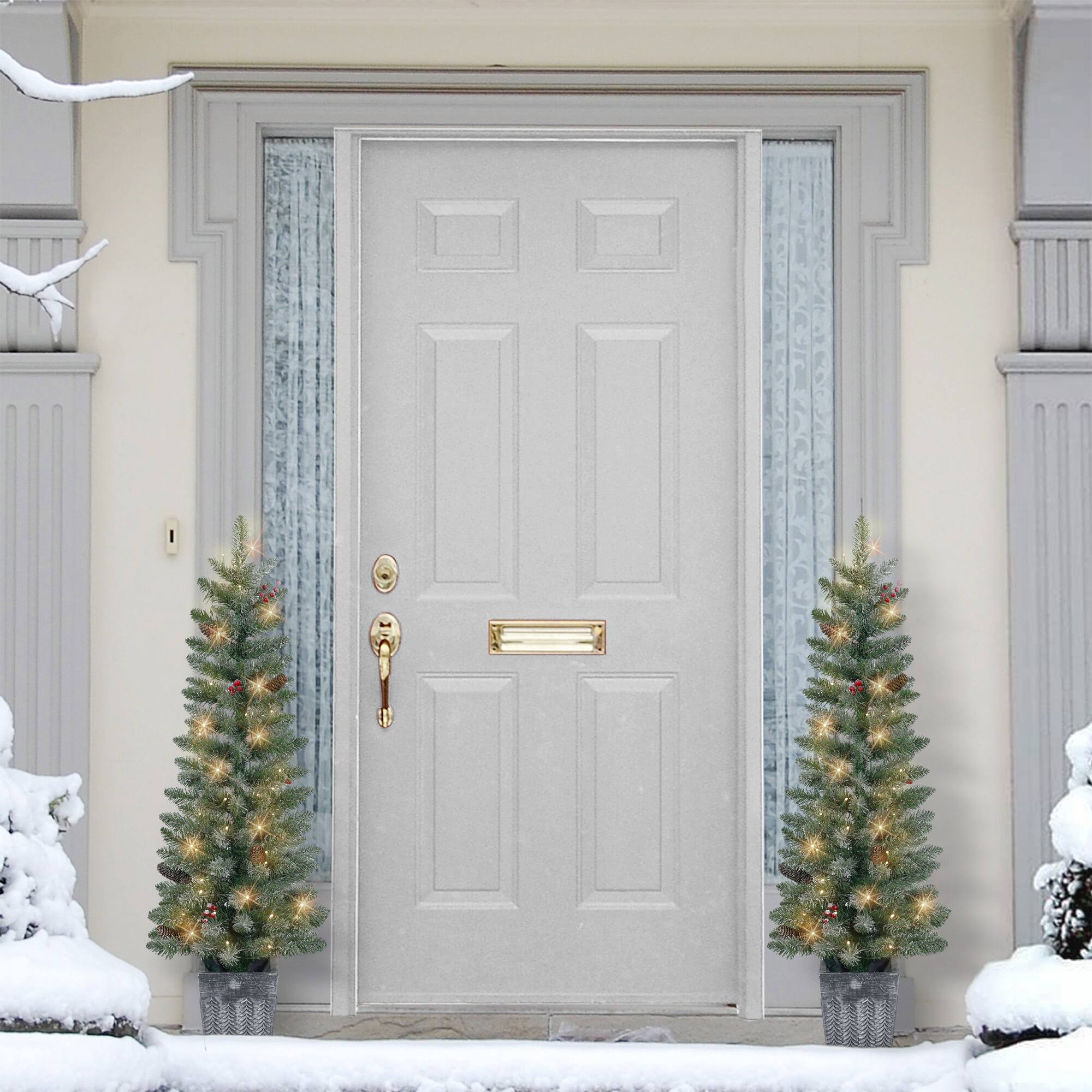 4ft. Pre-Lit Flocked Potted Trees with Battery-Operated Timer, 2ct.